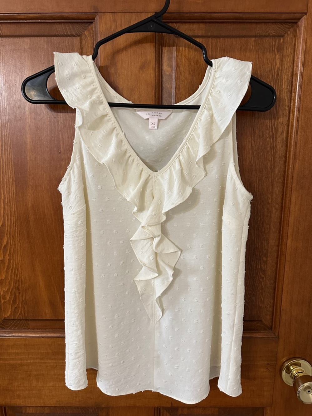 LC Lauren Conrad Ivory V-Neck Ruffle Trim Top